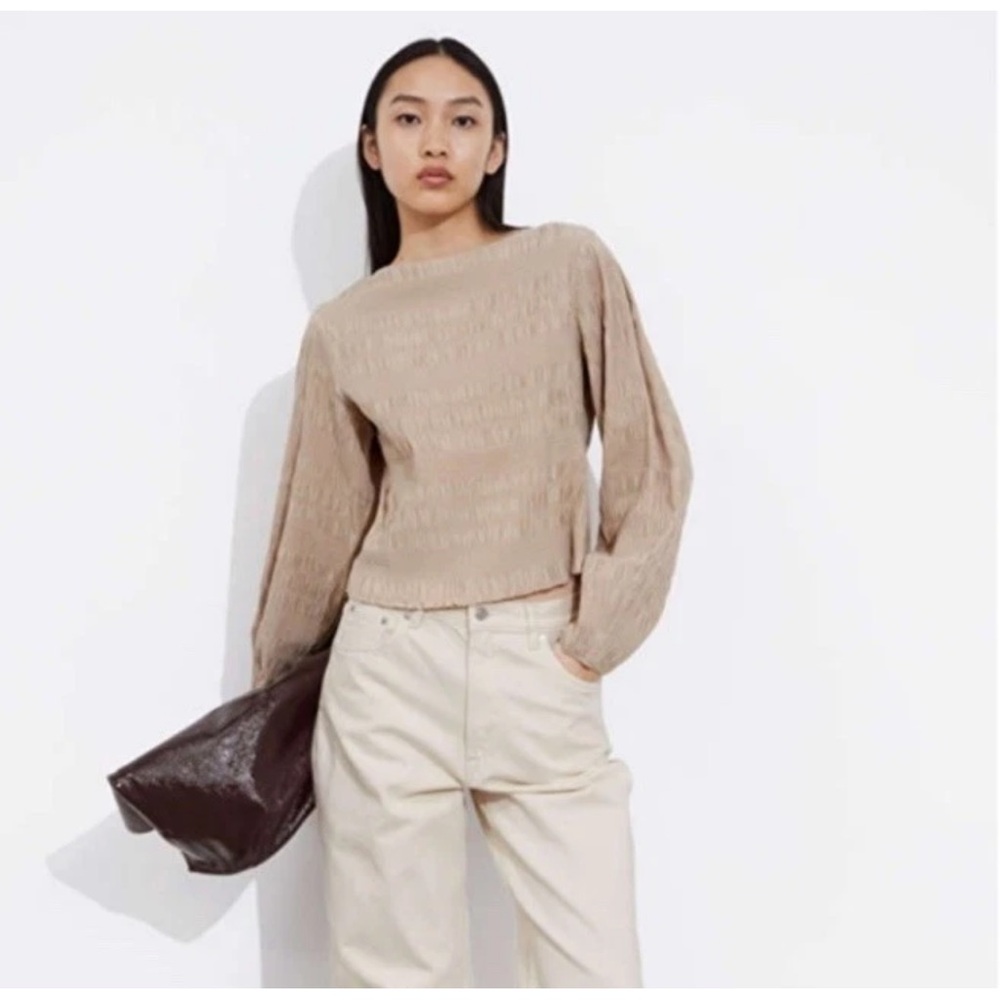 & Other Stories Stockholm Atelier Taupe Smocked Minimalist Blouse Sz XS